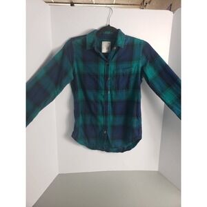 SO Cozy Shirt Womens XS‎ Teal Navy Blue Plaid Flannel Button Down Long Sleeve